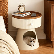 Modern Round Nightstand with Hidden Storage Drawer and Cat House Base Wooden Top Fluted Design Bedside Table